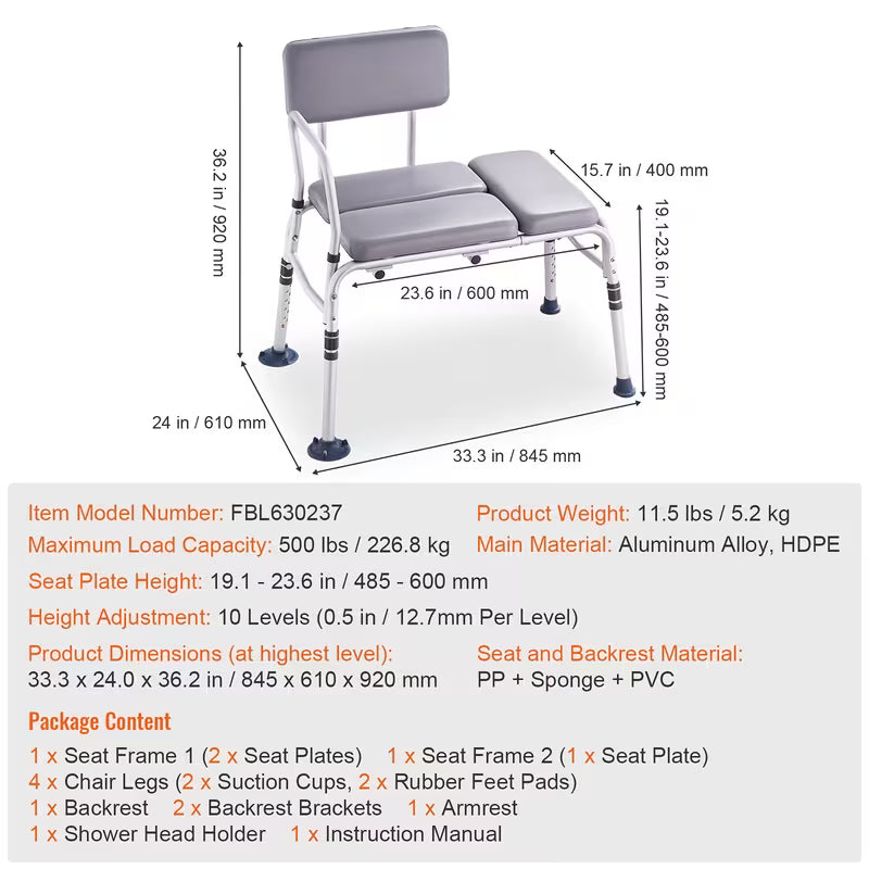 Lightweight Shower Transfer Bench for Elderly and Disabled with Padded Seat for Bathtub 500lbs