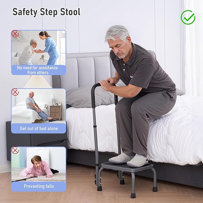 Step Stool with Handle, Adjustable Foot Stool with Non-Slip Rubber Feet, Sturdy Step Stool for Elderly, Adult, Kids, 300 lbs Capacity at Kitchen, Bedroom, Bathroom, Car