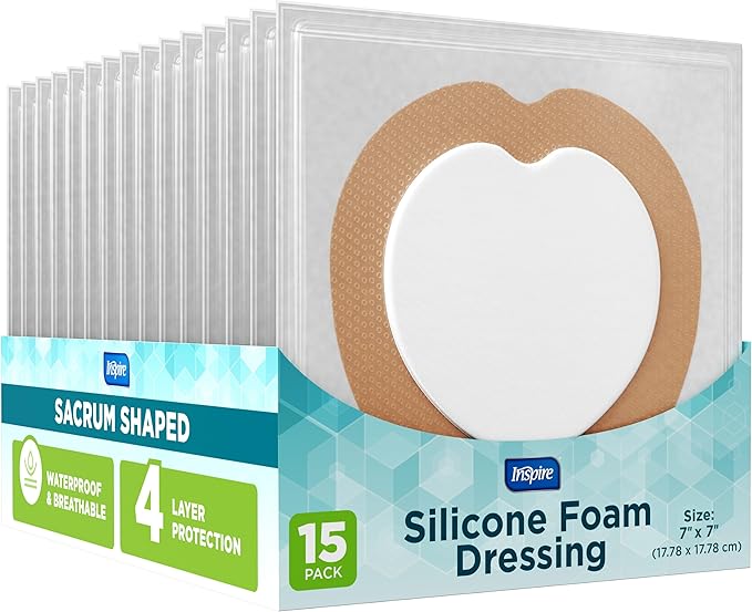 Inspire Sacral Silicone Foam Dressing Large Waterproof Bandages for Wounds, Burns & Bed Sores Safe for Sensitive Skin, Adhesive Pad Sacrum Dressings for Post-Surgery Wound Care (7 x 7 in)