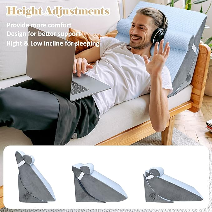Bed Wedge Pillow for Sleeping, Adjustable Wedge Pillow Set for After Surgery, Elevated Triangle Pillow for Acid Reflux and Back Pain Relief, Post Surgery, Sleep Apnea, Back Support