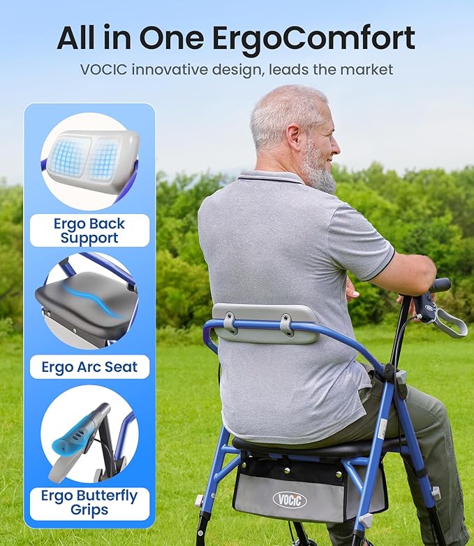 Z11 Rollator Walker with Seat, Max 380 lbs, Avant Walkers with Ergo Seat & Backrest, Foldable Rollator Adjustable Height, All Terrain Walker, Lightweight