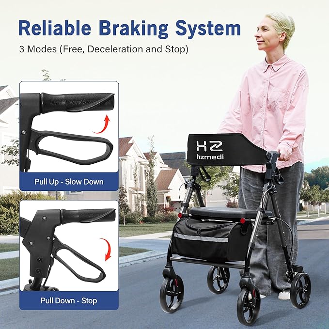 Grey Foldable Rollator Walker with Seat, Lightweight Rolling Walker, Dual Height Adjustment, Ergonomic Arc Seat & 6.5" Ultra Backrest, 8" Big Wheels for All Terrain