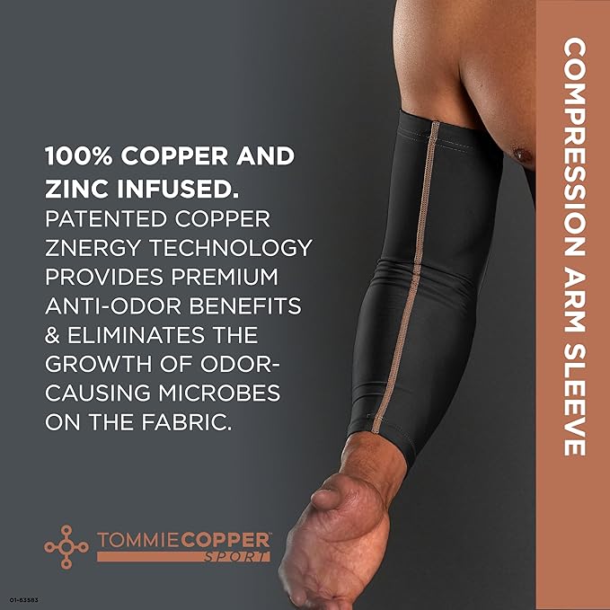 Tommie Copper Arm Compression Sleeve 15-20 mmHg, 100% Copper & Zinc Infused