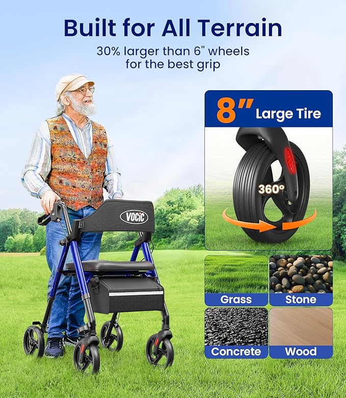 Rollator Walker with Seat Supports 350lb, 8" Big Wheels for All Terrain, Ergonomic Arc Seat & 6" Ultra Backrest Foldable Walker, Dual Height Adjustment, Lightweight 2025