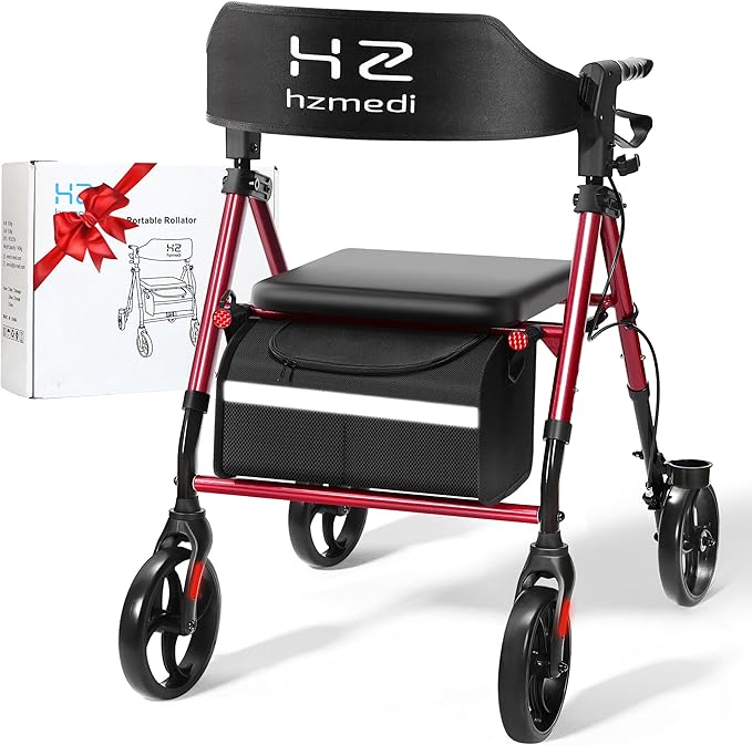 Red Foldable Rollator Walker with Seat, Lightweight Rolling Walker, Dual Height Adjustment, Ergonomic Arc Seat & 6.5" Ultra Backrest, 8" Big Wheels for All Terrain