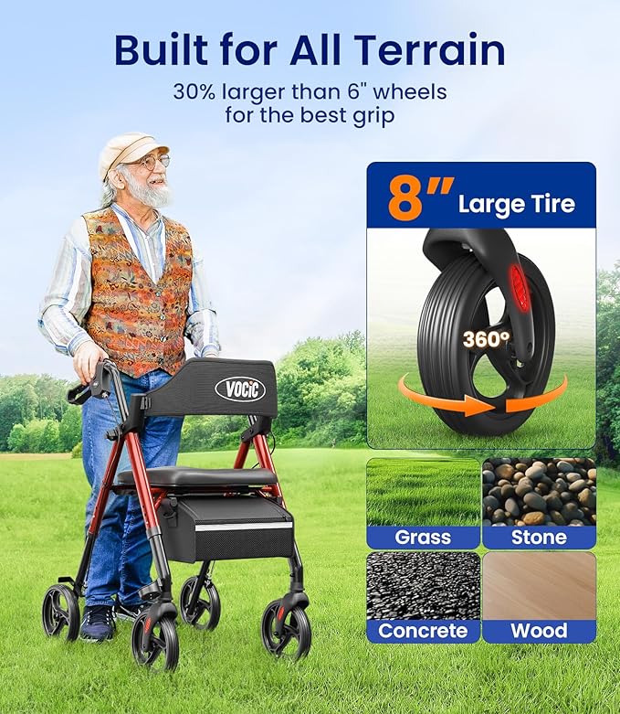 Rollator Walker with Seat Supports 350lb, 8" Big Wheels for All Terrain, Ergonomic Arc Seat & 6" Ultra Backrest Foldable Walker, Dual Height Adjustment, Lightweight