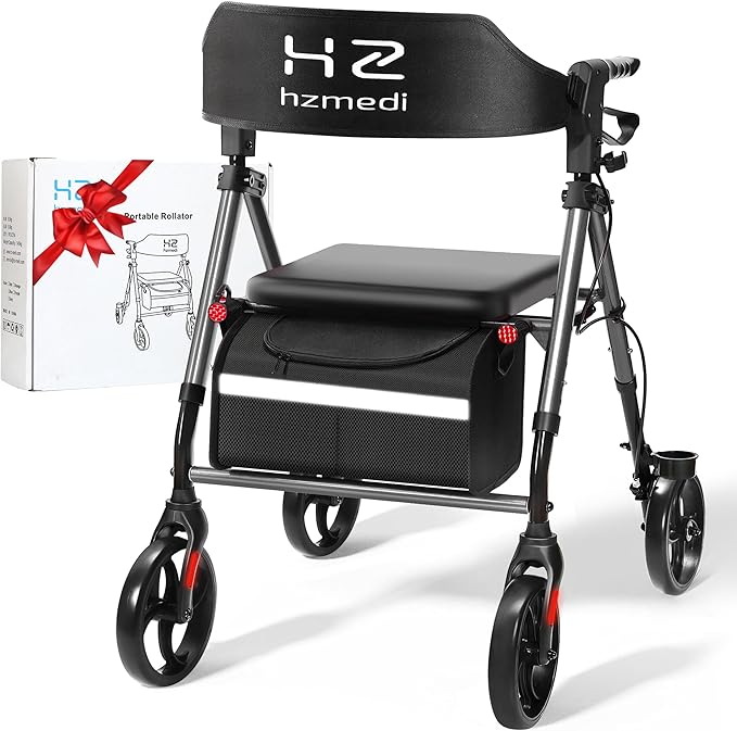 Red Foldable Rollator Walker with Seat, Lightweight Rolling Walker, Dual Height Adjustment, Ergonomic Arc Seat & 6.5" Ultra Backrest, 8" Big Wheels for All Terrain
