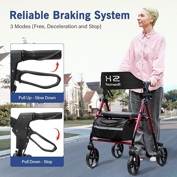 Red Foldable Rollator Walker with Seat, Lightweight Rolling Walker, Dual Height Adjustment, Ergonomic Arc Seat & 6.5" Ultra Backrest, 8" Big Wheels for All Terrain