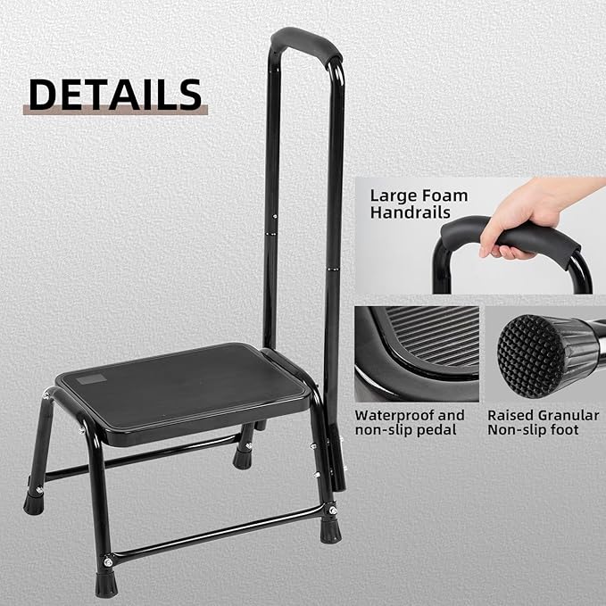 Leekpai Step Stool with Handle for Adults，Seniors Heavy Duty Holds 350 lbs.Stepping Stool for Elderly Adults, Attractive Black for Kitchen