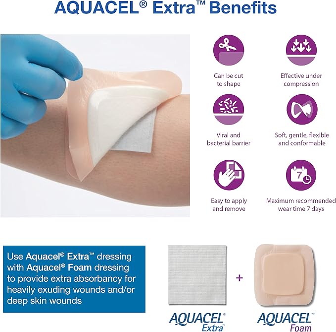 ConvaTec AQUACEL Extra 2"x2" Hydrofiber Absorbant Dressing for Moderate to Highly Exuding Wounds, Non-Woven Two-Dimensional Strengthening Fibers, Square, 10ct Box