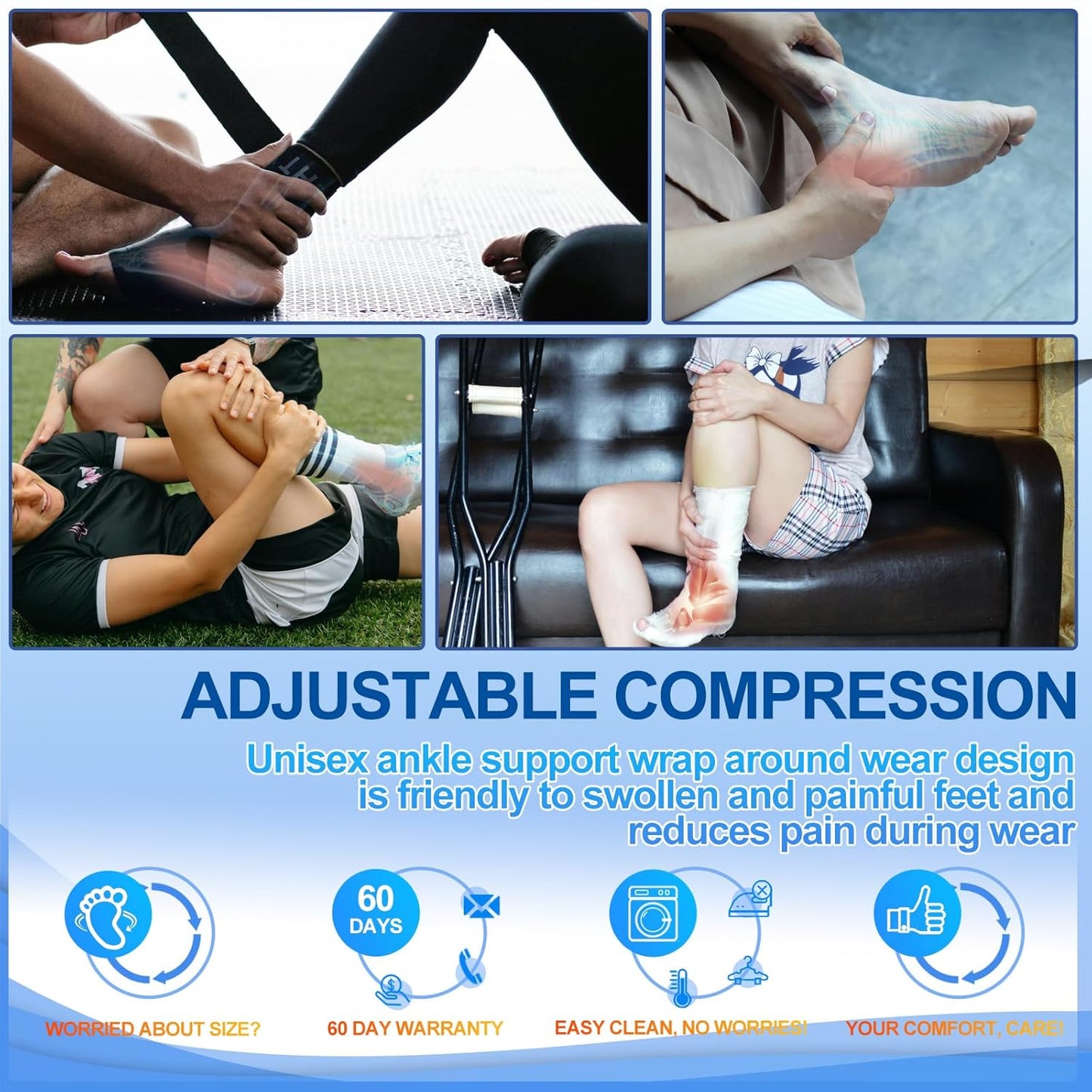 2-Pack Ankle Brace – Adjustable Compression Sleeve with Anti-Slip Support for Achilles, Plantar Fasciitis, Sprains & Sports Injuries One Size Fits Most (Black)