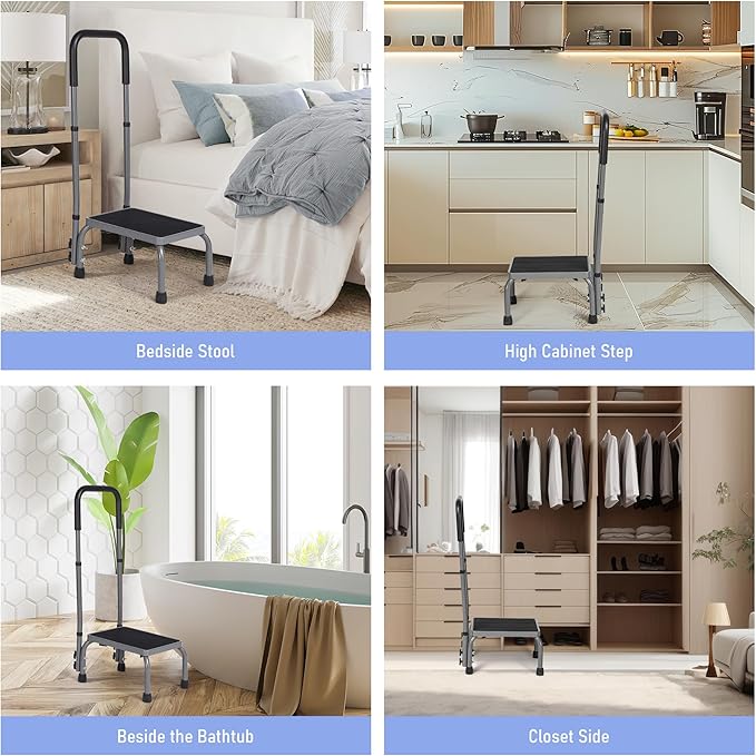 Step Stool with Handle, Adjustable Foot Stool with Non-Slip Rubber Feet, Sturdy Step Stool for Elderly, Adult, Kids, 300 lbs Capacity at Kitchen, Bedroom, Bathroom, Car