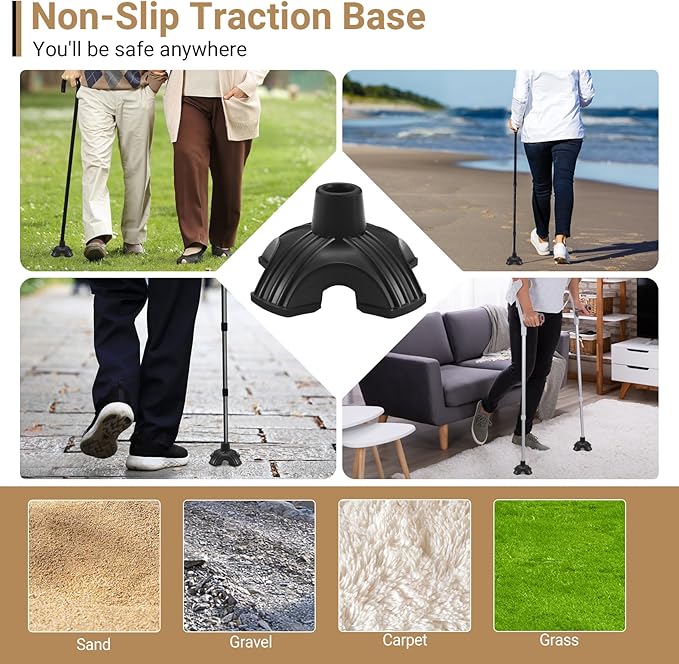 Non-Slip Replacement Quad Cane Tip, Heavy Duty 4 Prong Rubber Cane for Most Walking Canes, Walking Sticks, Folding Cane