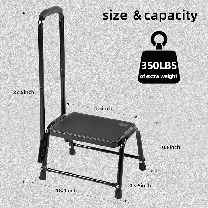 Leekpai Step Stool with Handle for Adults，Seniors Heavy Duty Holds 350 lbs.Stepping Stool for Elderly Adults, Attractive Black for Kitchen