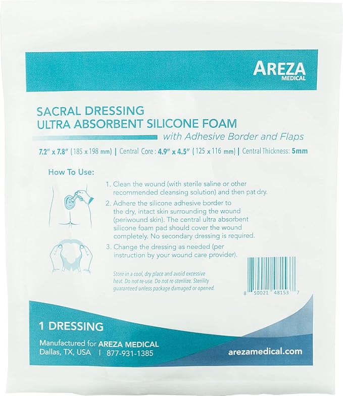 Areza Medical - Silicone Foam with Super-Absorbent Layer - Wound Dressing - Waterproof - with Adhesive Border - Sterile - Designed for Sacral Wounds - 7.2" x 7.8" - 10 PCS per Box