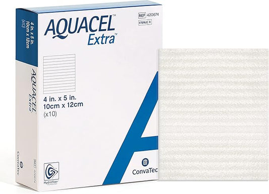 ConvaTec AQUACEL Extra 4"x5" Hydrofiber Absorbant Dressing for Moderate to Highly Exuding Wounds, Non-Woven Two-Dimensional Strengthening Fibers, Rectangle, 10ct Box