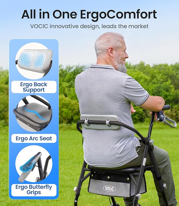 Z11 Rollator Walker with Seat, Max 380 lbs, Avant Walkers with Ergo Seat & Backrest, Foldable Rollator Adjustable Height, All Terrain Walker, Lightweight