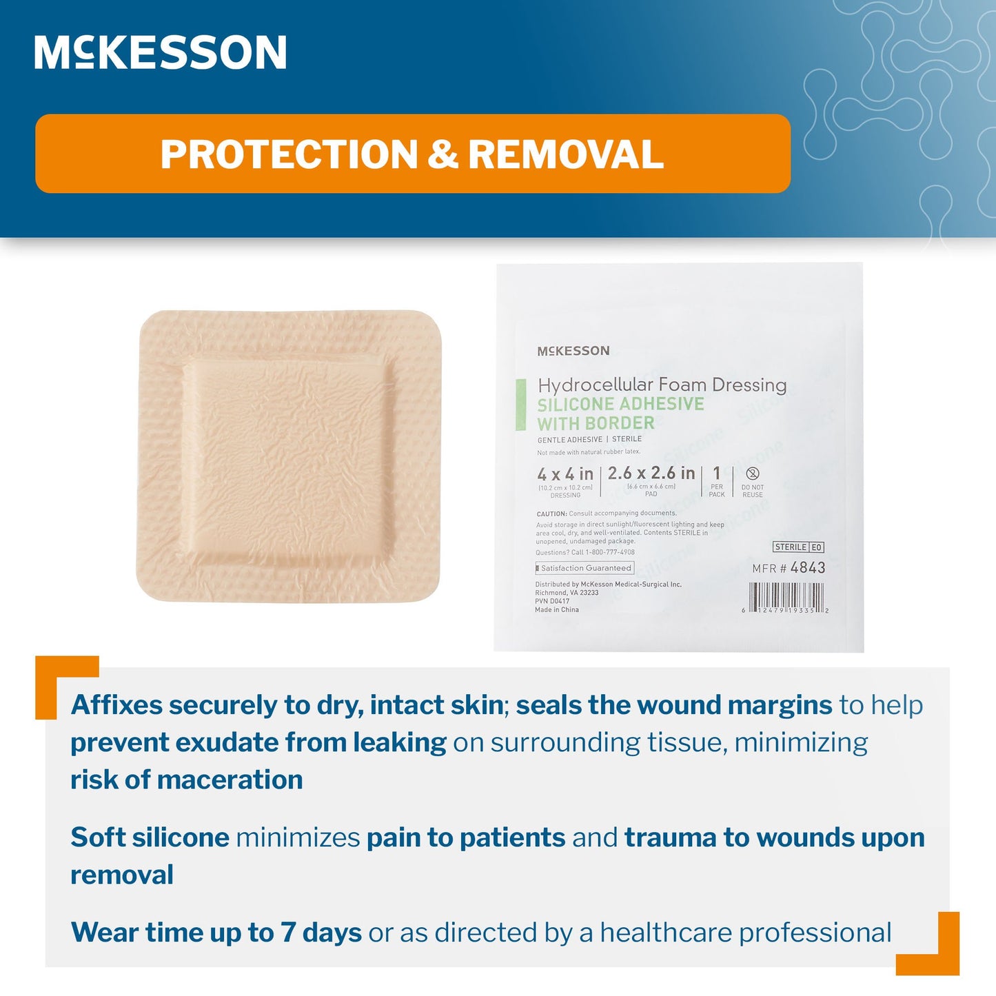 5-Layer Foam Dressing McKesson 4 X 4 Inch With Border Film Backing Silicone Gel Adhesive Square Sterile