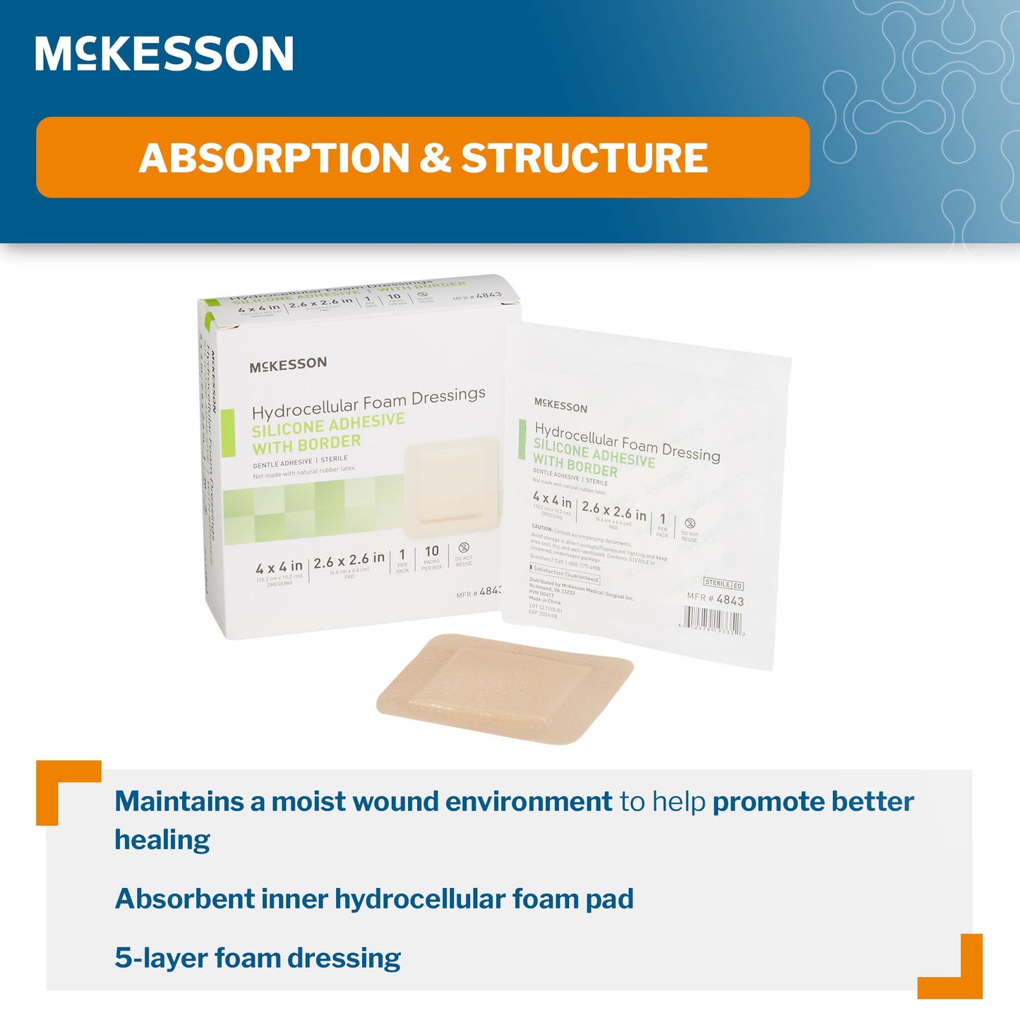 5-Layer Foam Dressing McKesson 4 X 4 Inch With Border Film Backing Silicone Gel Adhesive Square Sterile