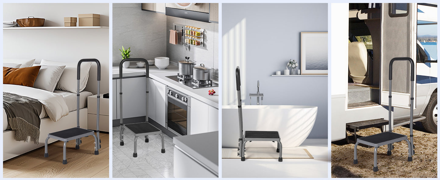 Step Stool with Handle, Adjustable Foot Stool with Non-Slip Rubber Feet, Sturdy Step Stool for Elderly, Adult, Kids, 300 lbs Capacity at Kitchen, Bedroom, Bathroom, Car