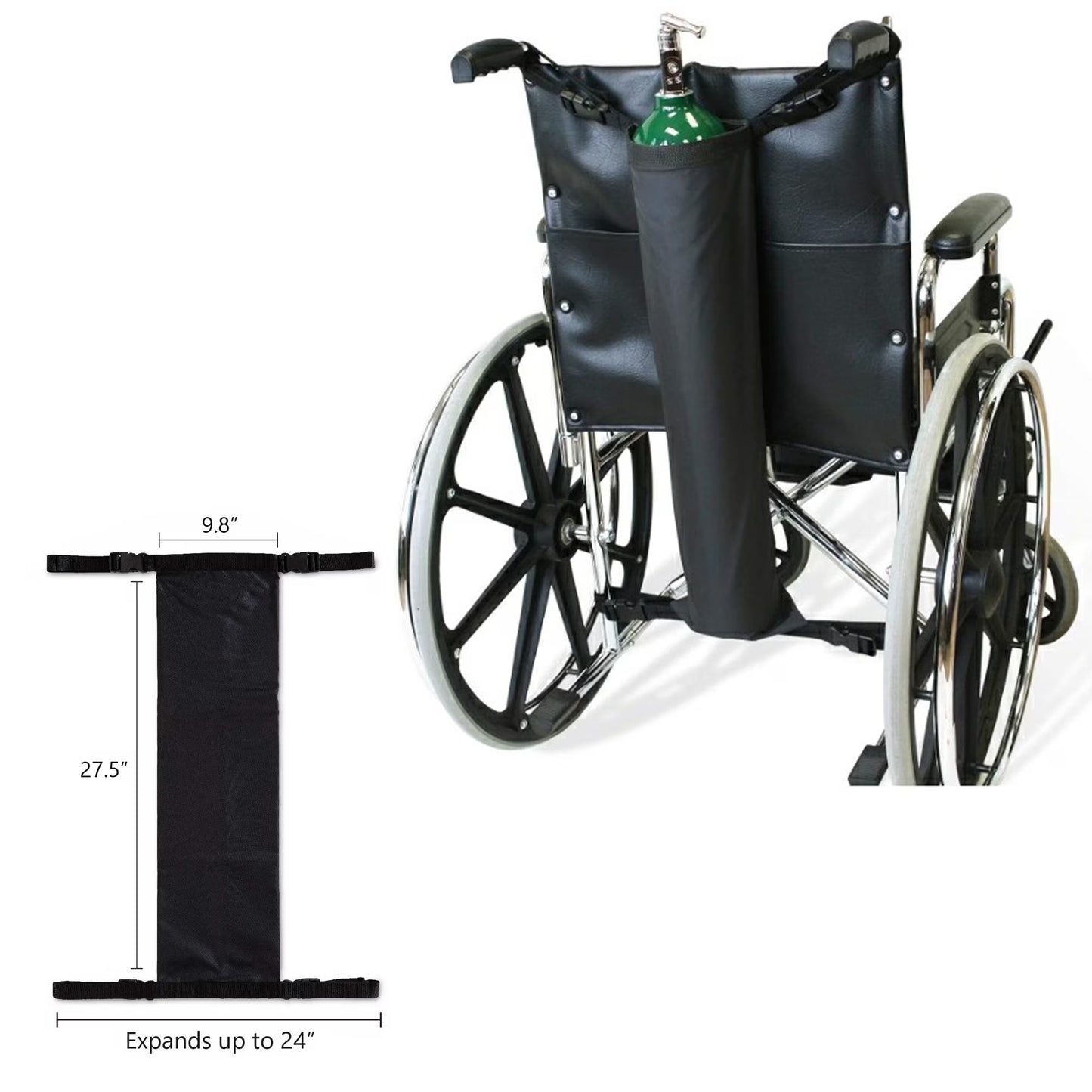 Oxygen Tank Holder for Wheelchair - E Cylinder Transport Bag Adjustable Straps Easy to Clean, Heavy Duty, Waterproof Standard Wheelchair size