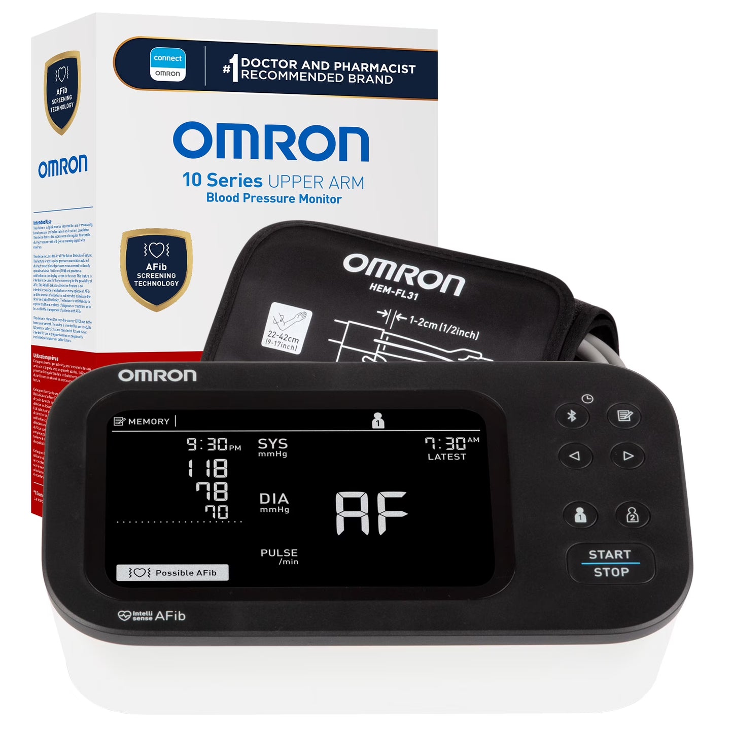 OMRON 10 Series Upper Arm Blood Pressure Monitor and Arm Cuff with AFib Detection for Home Use