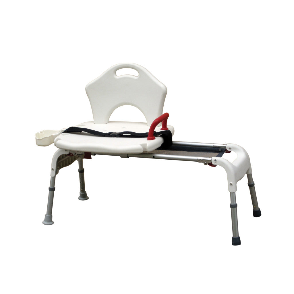 Drive Medical RTL12075 Adjustable Height Sliding Bathtub Transfer Bench Shower Chair with Armrests and Seatbelt, 300 Pound Weight Capacity, White