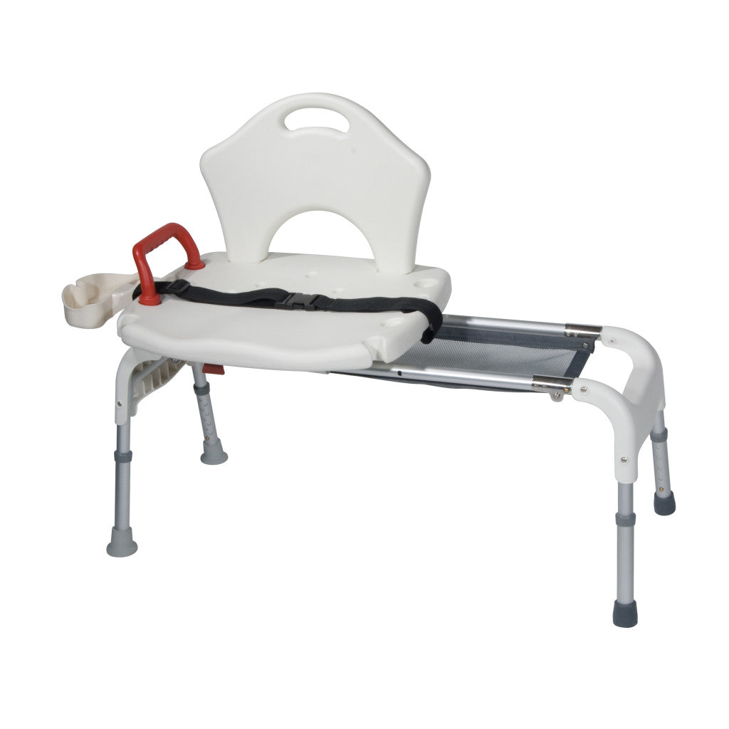 Drive Medical RTL12075 Adjustable Height Sliding Bathtub Transfer Bench Shower Chair with Armrests and Seatbelt, 300 Pound Weight Capacity, White