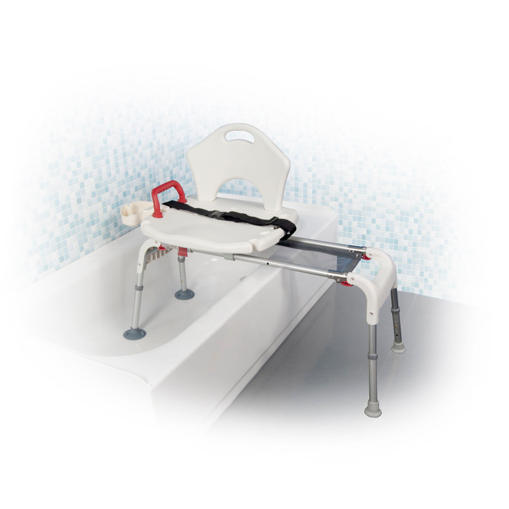Drive Medical RTL12075 Adjustable Height Sliding Bathtub Transfer Bench Shower Chair with Armrests and Seatbelt, 300 Pound Weight Capacity, White