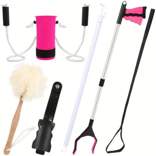 Set of 6 Hip Recovery Tools Including Leg Lifter, Grabber, Sock Aid, Shoe Horn, Dressing Stick, And Bath Sponge (Pink) for Seniors And Pregnant Women, 32" Foldable