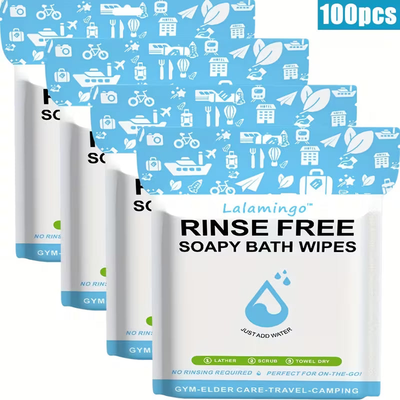 100pcs No-Rinse Bath Wipes - 11.81x11.81in Disposable Foaming Body Cleansing Cloths, Alcohol-Free & Fragrance-Free,