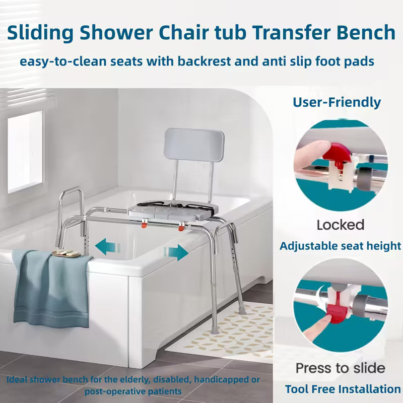 Heavy Duty Shower Chair] Heavy Duty 400Lbs Sliding Shower Chair Transfer Bench | Non-Slip Adjustable Height, Safety Belt
