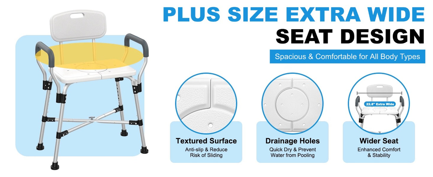 Extra Wide Shower Chair for Inside Shower with Arms and Back, 500 lbs Heavy Duty Shower Seat for Bathtub