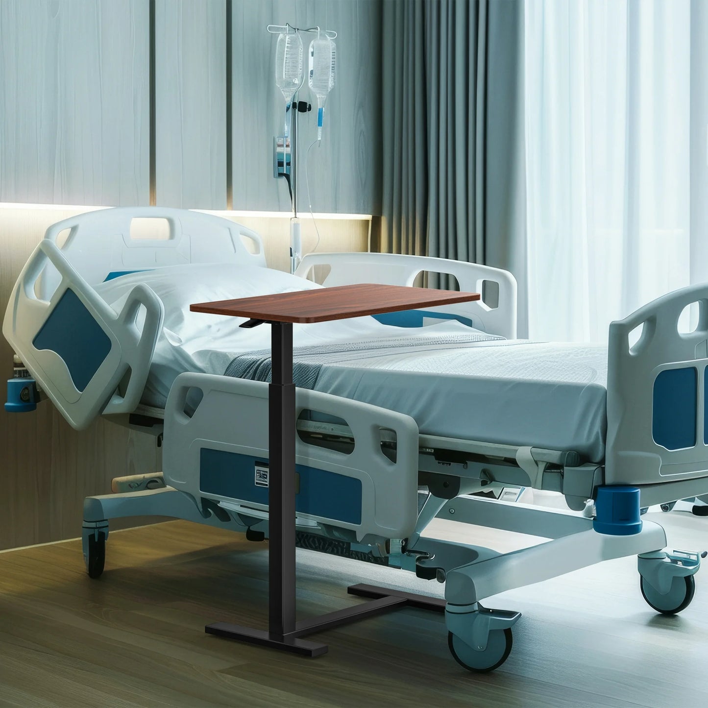 MCQ Adjustable Overbed Bedside Table With Hidden Wheels for Hospital, Brown
